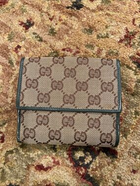 Gucci Brown Beige GG Canvas Fold Wallet trim has been painted green